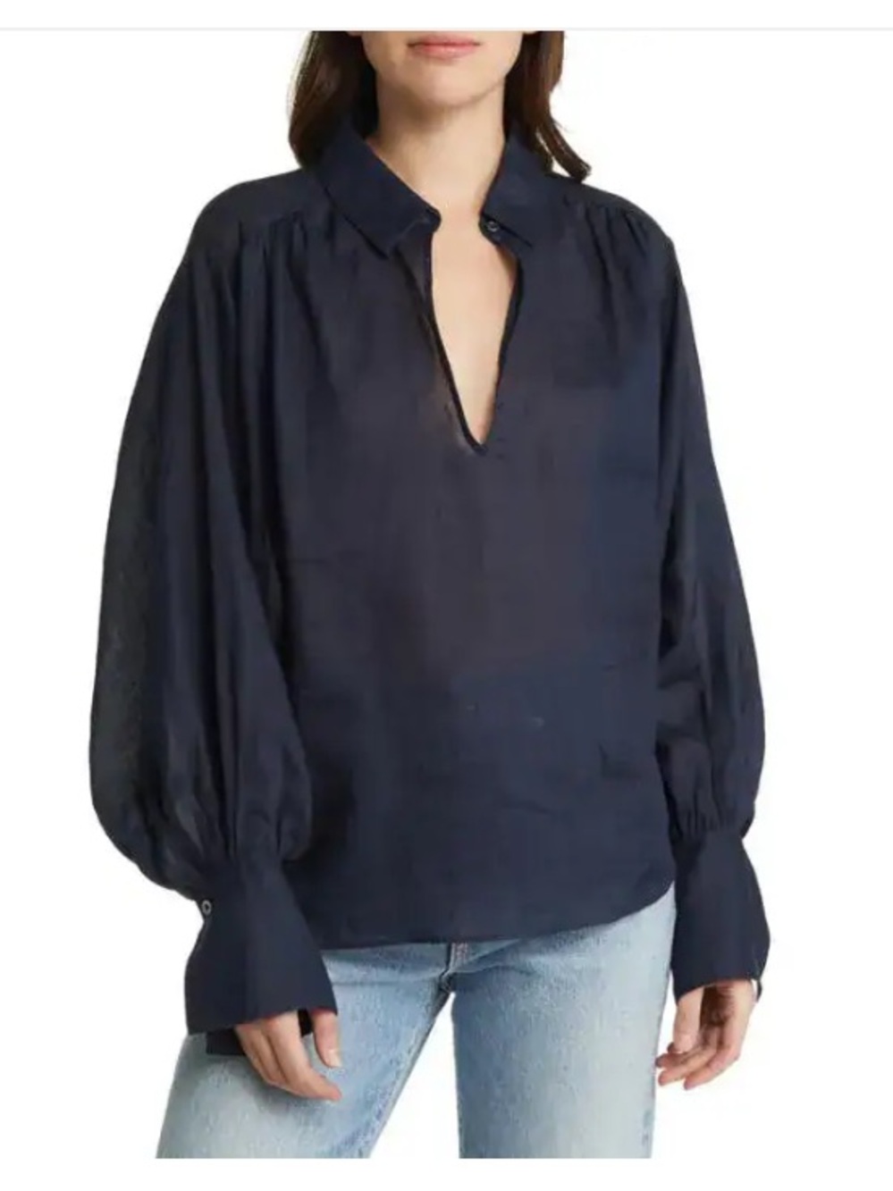 Frame Navy Split V-Neck Balloon-Sleeve Blouse lightweight